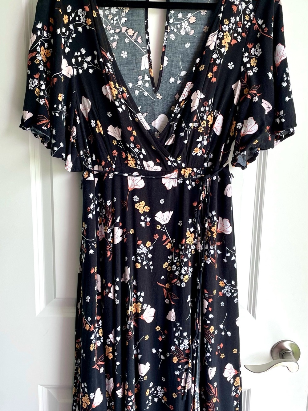 TORRID Black Floral Faux-Wrap Midi Dress with Blush and Mustard Accents - Picture 3 of 6